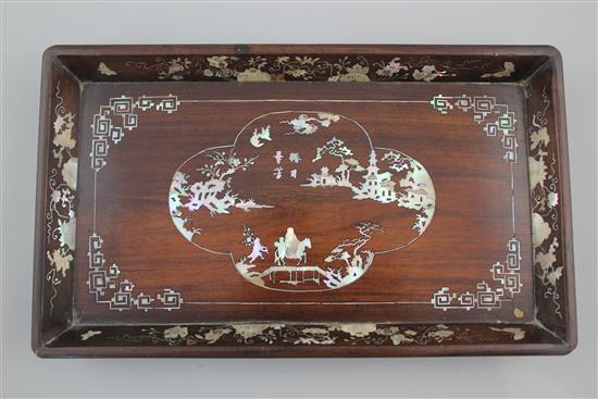 Two Chinese rosewood and mother of pearl inlaid rectangular trays, late 19th century, 30.5cm, one with slight faults